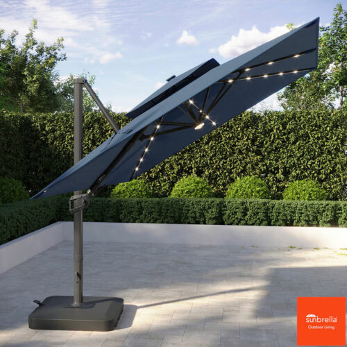 Seasons Sentry 10Ft (3M) Square 2-Tier LED Solar Cantilever Umbrella with Rolling Base in Blue